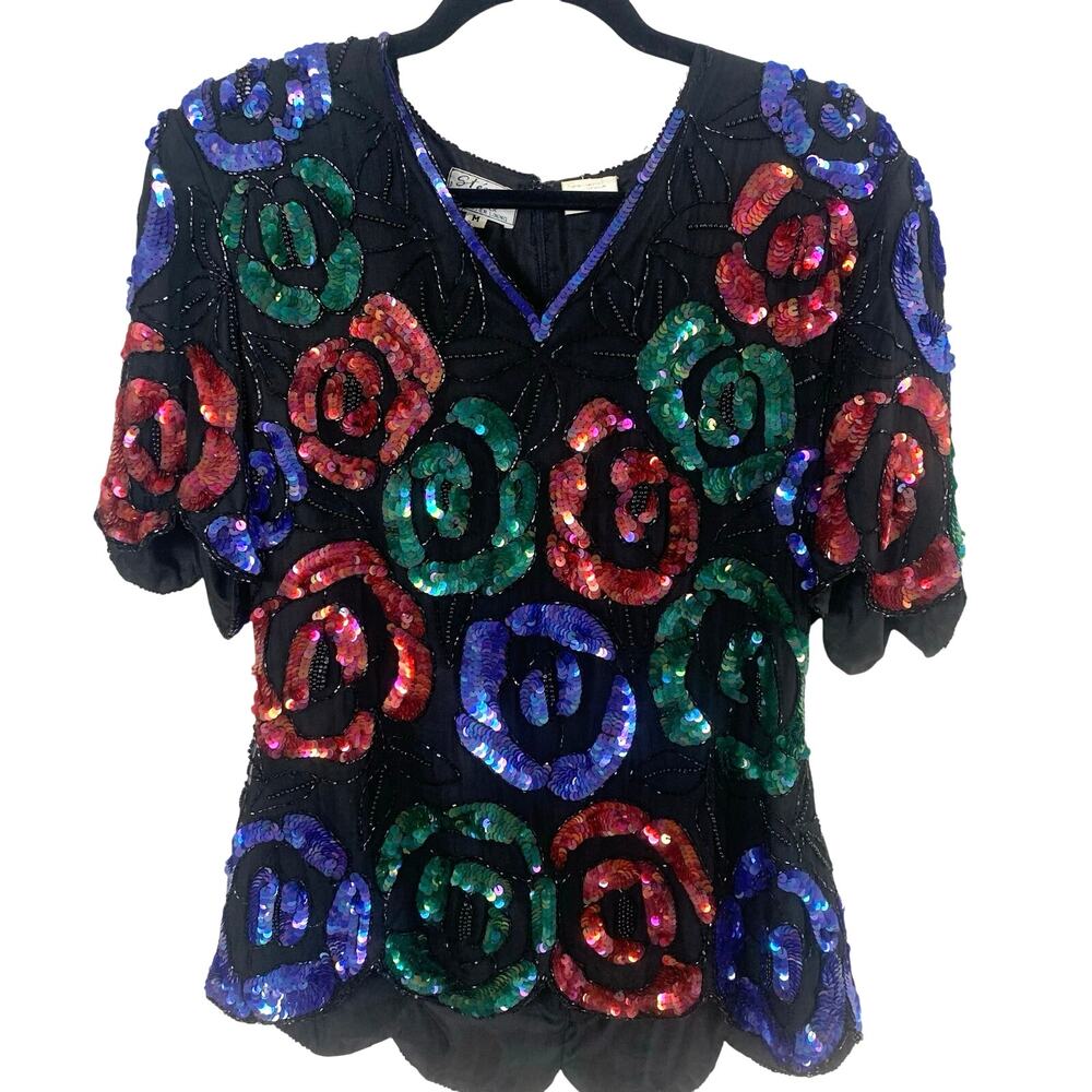 Vintage Stenay Silk Sequin Beaded Top Floral Party Blouse Black Multicolor M